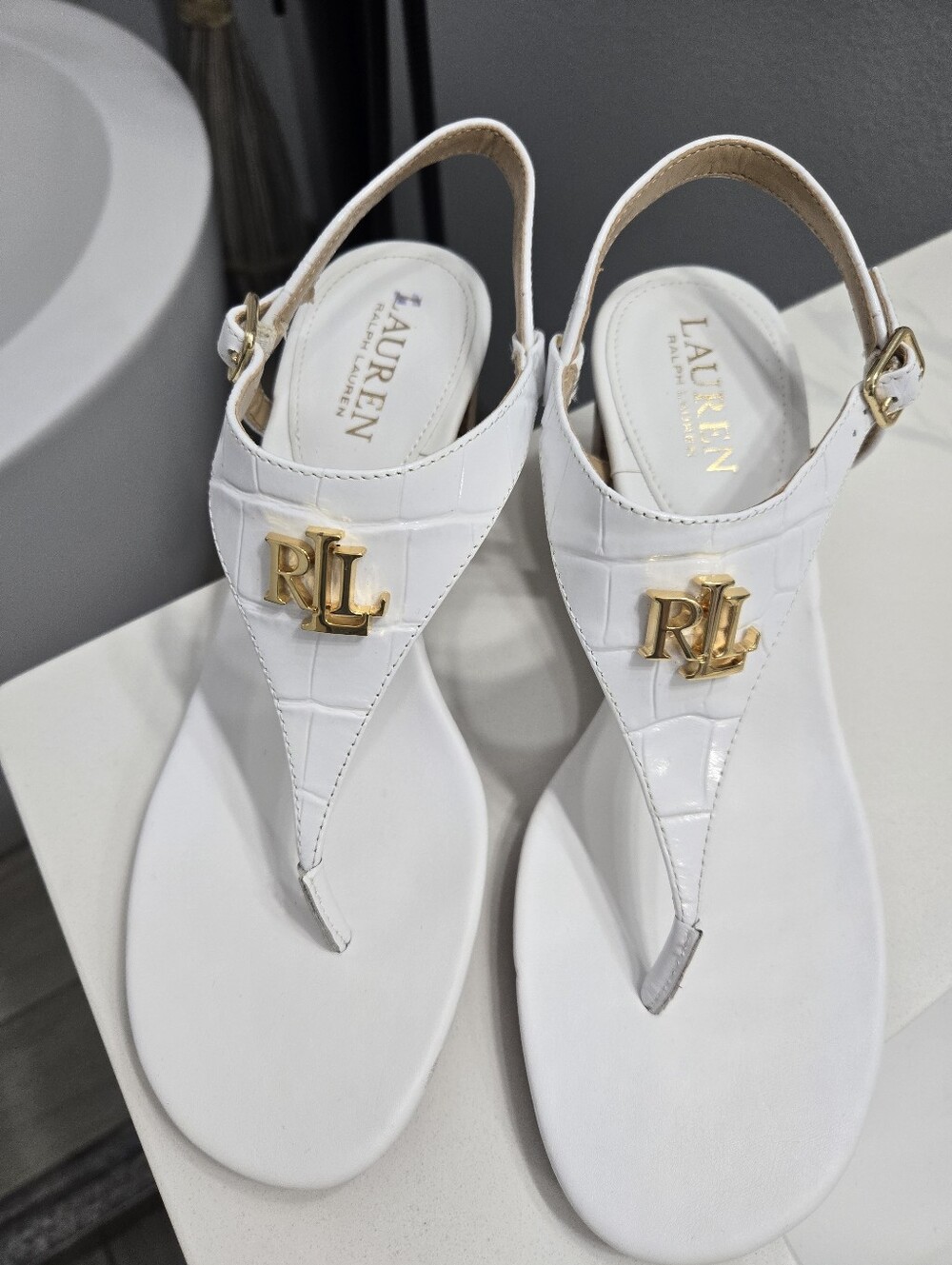 Ralph Lauren Weston II White Leather T-Strap Sandals with Gold RL Emblem